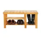 90cm Strip Pattern Tiers Bamboo Stool Shoe Rack with Boots Compartment Wood --