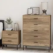 Merryluk Modern 5-Drawer Chest and Bedside Table Set,5 Chest of Drawers for Bedroom,Wood Grain Finish, Metal Legs,Storage Drawers,Dresser for Bedroom Closet Hallway
