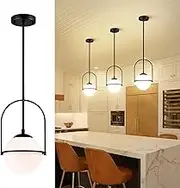 Black Pendant Light 18cm Frosted Glass Globe Adjustable Height Mid Century Modern Pendant Light Fixtures for Kitchen Island Dining Room Bedroom Bar Bathroom E27 220V