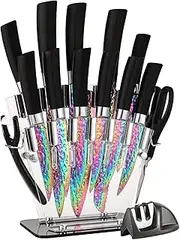 Rainbow Titanium Knife Set, Sharp Stainless Steel Knives Set with Acrylic Block,Sharpener, 6 Steak Knives, Cutlery Knife Block Set, Chef Quality for Home & Pro Use, Best Gift, Black Handle