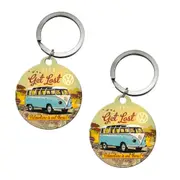 2PK Nostalgic Art Metal 7.5cm Round Keyring Hang Keychain VW Bulli Lets Get Lost