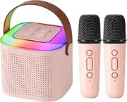 Mini Karaoke Machine, Portable Bluetooth Karaoke Speaker with 2 Wireless Microphones and Party Lights for Family, Birthday Gifts for Girls Boys Home Party(Pink)