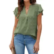 Nevenka Womens Ruffle Shirts V Neck Short Sleeve Pom Chiffon Blouses Tops-Army Green