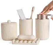 Umlaca Bathroom Accessories Set of 4 - Foaming Soap Dispenser, Toothbrush Holder, Soap Dish, Apothecary Jar – Modern Ceramic Bathroom Storage Set, Luxury Bath Decor for Home（Beige）