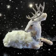 White Fur Sitting Deer - Sparkle Antlers - Christmas Collar - Home Decor