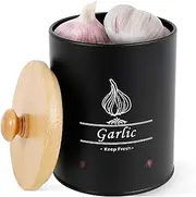 Garlic Keeper, Garlic Storage Container with Lid, Ceramic Garlic Saver to Keep Your Garlic Cloves Fresh Longer, Farmhouse Garlic Storage Holder for Countertop, Farmhouse Kitchen Decor (Black)