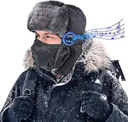 [Joythink] Trapper Hat with Bluetooth Headphones Warm Trooper Hat Russian Trooper Aviator Skiing Cap Winter Windproof with Mask Earflaps Hunting Men Black, BLACK, One size