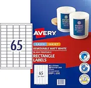 Avery A4 Removable Matt Rectangle Labels - Product Stickers - Small Business Supplies - White, 21 x 33 mm, 520 Labels/8 Sheets (910009/ L7144)