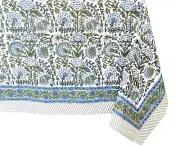 Clover Blue 100% Cotton Rectangle Fall Tablecloth, Handblock Floral Linen Tab...