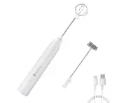 Whisk Milk Frother, Rechargeable Handheld Electric Whisk Coffee Frother Mixer with 2 Stainless Whisks, Milk Foam Maker-White-White