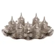 Turkish Greek Coffee Cups Suacers Tray Set for Six, Espresso Serving Set Silver
