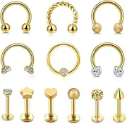 [JSDDE] 12 Piece Stainless Steel Lip Piercing Nose Piercing Set 16 g Labret Stud Horseshoe Septum Rings Hoop Earrings Clicker Body Piercing for Ear Helix Tragus Cartilage Lips