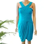 BCBGMAXAZRIA Helyn Women's Gathered Stretch Cross Over Wrap Dress, Blue Jade L