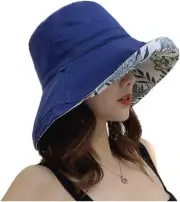 Women's Linen Cotton UPF 50+ Sun Hat Reversible Bucket One Size, Dark Blue