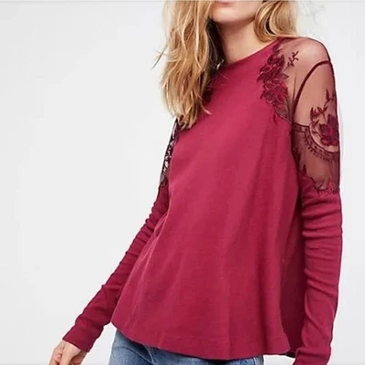 NWT Free People Women's Top Large Daniella Red Sheer Lace Floral Boho Romantic