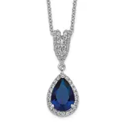 Sterling Silver Cheryl M Rhodium-Plated Brilliant-Cut Lab Created Dark Blue Spinel And White Cz Teardrop Halo 18 Inch Necklace