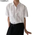 INCERUN 褶襉線設計雙口袋短袖襯衫