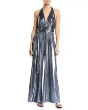 Aidan by Aidan Mattox Gunmetal Metallic Knit Halter Wide-Leg Jumpsuit NWT
