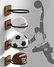 4 Pack Wall Mount Basketball Holder with Wood Base – Ball Display Rack for Basketball, Football, Soccer, Volleyball – Sports Ball Storage Organizer for Athletes & Fans