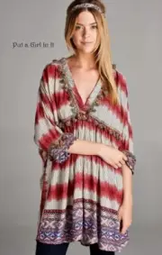 New VELZERA PLUS SIZE Womens AZTEC BOHO GYPSY BABYDOLL POM FRINGE SHIRT TUNIC 1X