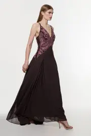 Petite Cutwork Beaded Georgette Pleat Insert Woven Maxi Dress
