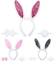 3 Pcs Easter Bunny Ears Headband Kit - White Plush Bunny Ear Set With Bowtie and Tail for Role Play - Pink Rabbit Costume Accessories