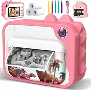 Kids Camera Instant Print 1080p Instant Camera for Kids Aged 3-12 Ink Free Printing Dinosaur Toddler Toy Christmas Birthday Gifts for Boys Girls 3-12 Years Old (Pink)