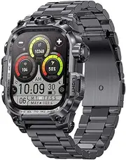 AvviKro Military Smart Watch for Men(Answer/Make Calls) with LED Flashlight, 2.01" Outdoor Rugged Smartwatch, 100+ Sports Fitness Tracker, Smart Watches for Android iOS (Black ◆ [Black Steel Band])