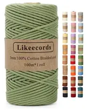 Braided Macrame Cotton Cord 3mm x 109yards, Macrame Rope, 1 Skein Pea Green