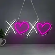 Hanging Art Neon Signs XOXO LED Neon Sign USB Powered Dimmer Switch Wall Decor Night Light for Bedroom Bar Valentine's Day Wedding Party 15x40 Cm