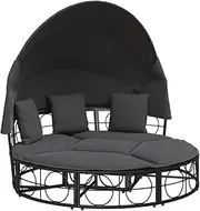 vidaXL Outdoor Lounge Bed with Canopy - Black Poly Rattan Modular Sun Island for Garden/Patio - Incl. Cushions