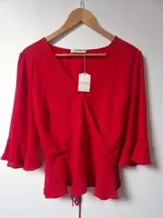Oasis Red Floaty Cross Over Chest Blouse Top Size 16