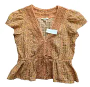 NWT AEO Womens M Blouse Tie Front V Neck Orange Floral Lace Peplum Cottagecore