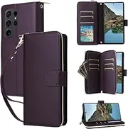 [GoshukunTech] for Galaxy S22 Ultra Case Wallet Leather, for Samsung Galaxy S22 Ultra 5G Flip Case Wallet Cover Kickstand Zipper Purse 9 Card Holder with Wristlet Strap Crossbody Lanyard-Dark Purple