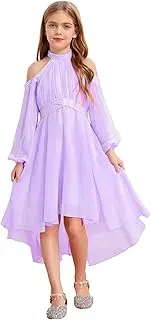 [Aislor] Wedding Bridesmaid Formal Dress for Girls Off Shoulder High Low Hem Flower Sparkly Halter Dress