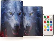 XYMZR Blue Wolf Fire Red Flameless Candles with Remote Set of 2 - No Batteries Included, 3” Diameter Battery Candles Flickering with Timer, LED Pillar Votive Candles for Outdoor Indoor