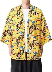 [PRIJOUHE] Kimono For Men Japanese Style Kimono Robe Jacket Lightweight Open Front Cardigan Seven Sleeve Yukata Coat