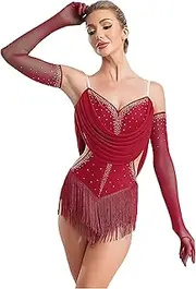 [Miutii] Women Tassel Jazz Latin Dance Dress Glittery Cutout Leotard Bodysuit Salsa Cha-Cha Rumba Dancewear