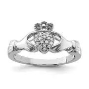 Sterling Silver Rhodium Diamond Claddagh Ring