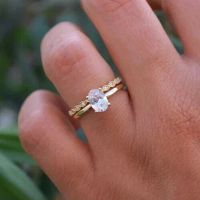 Oval Ring Set Solitaire Ring Love Engagement Ring Set Wedding Ring 925 Silver