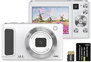 4K Digital Camera Digital Video Camera 48MP Dual Lens 2.8 Inch IPS Screen Auto Focus 16X Digital Built-in Flash Battery with 32GB TF Card Birthday Festival Students Teenagers White with 1 Battery