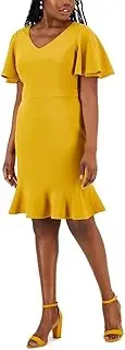 [Kasper] Womens Knit Flutter Sleeves Sheath Dress Gold XS