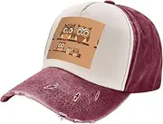 [YANYU] Cute Big Brown Cartoon Owls Print Fashion Washed Distressed Baseball Cap Vintage Adjustable Hat with Classic Brim, Dark Red, One Size
