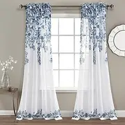 Lush Decor Tanisha Sheer Window Curtain Panel Pair, 84" Long x 38" Wide, Navy & White