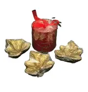 Red/Gold Pillar Candle 3"x3" and 3 gold ivy leaf candles 3"x3"x1.5"