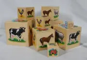 RARE! DOUG & MELISSA SET OF 8 OF 12 WOODEN NESTED STACKING BOXES W/ FARM ANIMALS