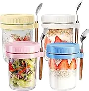 IGGDOQI 4 Pack Overnight Oats Containers, Overnight Oats Container with Lid and Spoon, 12 oz Large Capacity Glass Jars with Airtight Lid for Overnight Oats Yogurt Fruit Cereal Oatmeal Reusable Jars