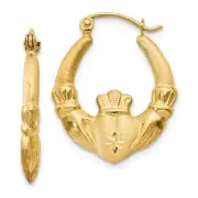 Real 14kt Yellow Gold Polished and Satin Claddagh Hoop Earrings