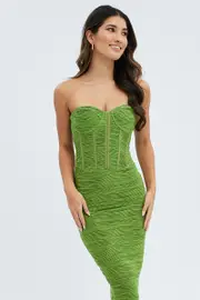 Green Textured Corset Bodycon Midi Dress - Size 14, Women's Midi Dress