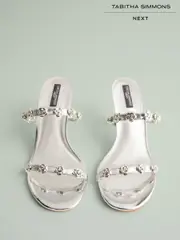 Silver Tabitha Simmons x Next Flora Leather Double Flower Detail Heel Mules (F86233) | $233